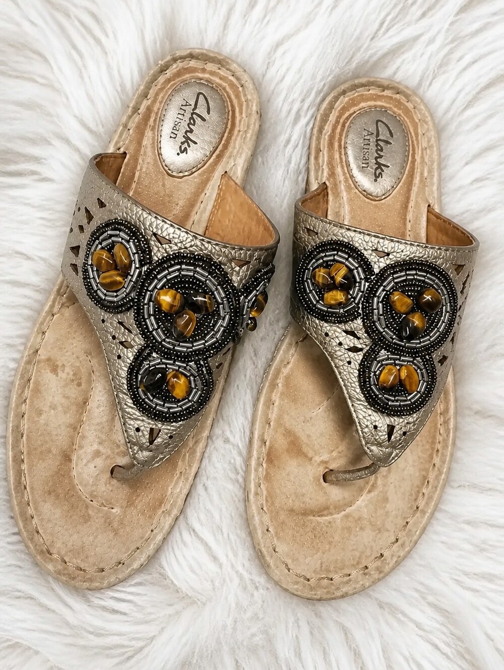 Clarks Artisan Tan and Gold Sandals with Metallic Embellishments Size 8M